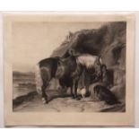 SIR EDWIN HENRY LANDSEER (1802-1873): FAVORITE PONY AND SPANIELS, black and white mezzotint, proofed