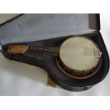 German made Weltton Banjolele and case, 57cms long