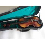 Modern violin bearing label "Excelsior" together with a black rexine case and further bow (3)