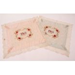 Two various lace ribbon and colour stitched cushion covers, each of square form with lace borders