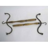 Pair of 19th century treen handled and metal hanging wig holders, (2)