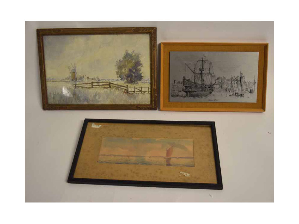 Thwaits, signed watercolour, Norfolk landscape, together with two further pictures by different