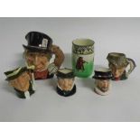 Group of five Royal Doulton character jugs, "Mad Hatter" D6598, 18cms tall, "Capn. Cuttle", 8cms