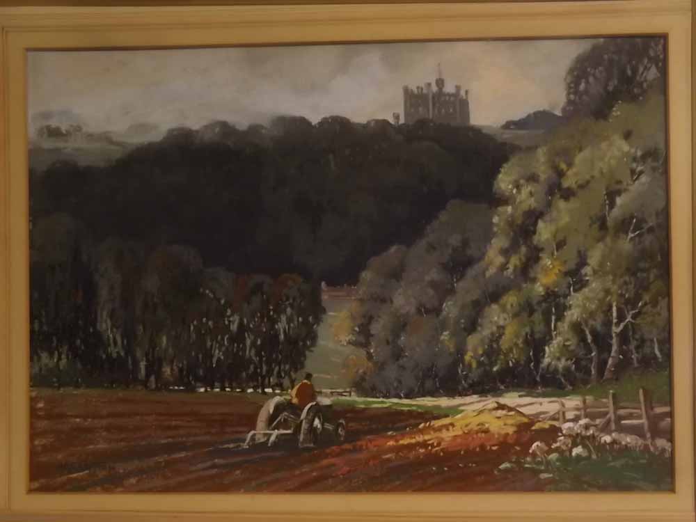 A A Clayton, signed gouache, Ploughing scene with distant castle, 14 x 20ins