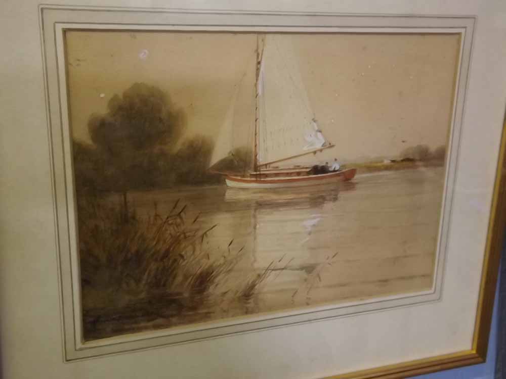 Charles A Hannaford, signed watercolour, Sailing boat on the Broads, 8 x 11ins