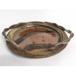 Large late 20th century Studio pottery bowl, abstract glazed decoration to centre, rope twist
