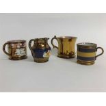 Group of three mid-19th century copper lustre mugs of various designs, the tallest 8 1/2 cms,