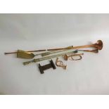 Small collection of assorted copper and brass wares including coaching horn, Masters horn, fire