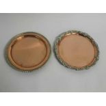 Two Victorian previously silver plated small salvers, (now with copper centres and brass edges),