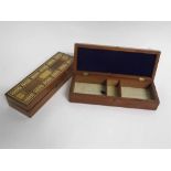 Two Victorian mahogany cribbage boxes with hinged lids, inlaid pegging board tops, one 28cms x