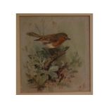 Roland Green, signed watercolour, Robin on a branch, 7 x 6ins