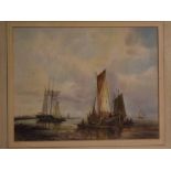 A H, initialled watercolour, Coastal scene with shipping, 7 x 9 1/2 ins