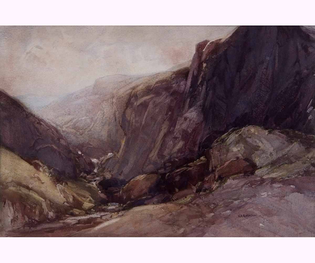 *George Robert Rushton, RI, RBA (1868-1948), watercolour, signed lower right, Valley landscape, 12 x
