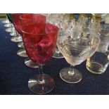 Group of assorted 19th/20th century glasswares, including four cranberry glass wines with clear