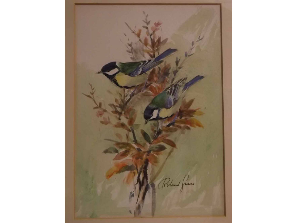 Roland Green, signed watercolour, Blue Tits, 8 x 5 1/2 ins