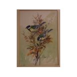 Roland Green, signed watercolour, Blue Tits, 8 x 5 1/2 ins