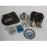 Mixed Lot: pair of cased mother of pearl clad opera glasses, five assorted ink bottles and