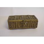 Brass casket, the four panelled top decorated with ecclesiastical figures, 24cms wide