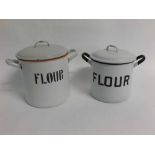 Two vintage enamelled flower bins and lids, 26cms tall and 24cms tall respectively (2)