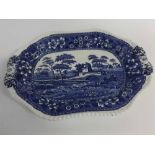Copeland blue and white meat plate of shaped oval form, printed with the "Spode's Tower", 39cms x