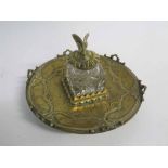 Late 19th century Oriental style brass ink stand with circular shaped base, square holder, 20cms
