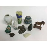 Mixed group: Oriental items including a Japanese pansy decorated vase 12cms tall, modern jadeite