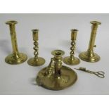Pair of 19th century brass ejector candlesticks, with circular bases, 18cms tall, together with a
