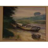 R M Bolton, signed two watercolours, Moored rowing boat and river landscape (2)