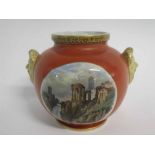 Mid-19th century Pratt ware baluster vase with mask handles, (lacking lid), printed scenes of "The