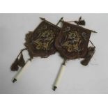 Pair of Victorian beadwork panels, hand-held flag face screen with gilt metal holders and cream