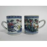 Pair of 18th/19th century Chinese porcelain coffee cans, hand painted with flowers and trees, blue/