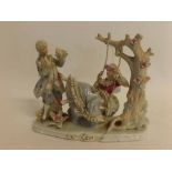 Late 20th century Continental porcelain figure group of girl on swing with male attendant, 22cms