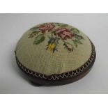 Vintage wool work dome top circular treen footstool, 27cms diam