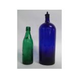 Vintage Bristol Blue glass large lidded bottle, 38cms tall and further smaller green bottle (2)