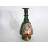 19th century green Bohemian glass cylindrical perfume bottle, with oval portrait of a young man with
