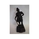 Large spelter model of a Roman soldier raised on a shaped plinth and ebonised socle, (a/f), 60cms