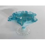 Victorian blue crimped edge glass bowl with clear glass crimped circular base, 9cms tall