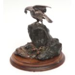 Japanese bronze and multi-patinated okimono of an eagle with outswept wings perched upon a rocky