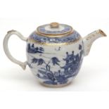 Chinese blue and white porcelain teapot decorated with lakeside temple scenes, 13cms high