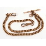 Late 19th century curb link watch chain, set with two swivels and floating T-bar, length 14 1/4 ins,