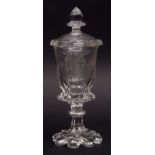 Mid-19th century Bohemian covered clear glass goblet, very finely engraved with family tree of