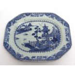 Large Chinese blue and white porcelain meat dish decorated with typical lakeside temple scenes, 42