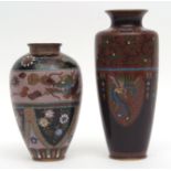 Two Japanese cloisonn enamel vases both with similar muted decoration of blade shaped panels