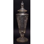 Large 20th century cut glass wine dispenser of vase shape to a faceted circular base, all over cut