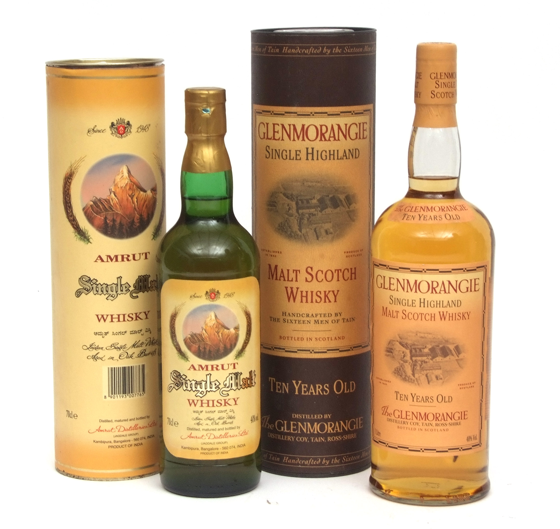 Glen Morangie 10 year old single Highland malt Scotch Whisky, 1ltr, 40% vol (in carton) and Amrut