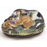 Rare 18th century South Staffordshire enamel box, the cover modelled in relief with a dog catching a