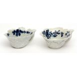 Pair of Worcester blue and white butter boats, both with workman's marks, decorated in underglaze
