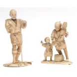 Two Japanese ivory okimono, the first of a farmer and his young son preparing to feed the chicken