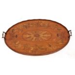Edwardian two-handled oval painted and marquetry inlaid tray with raised edge, applied at either end