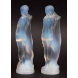 Two Ethling, French opalescent glass figures, of draped naked females, (both striking the same